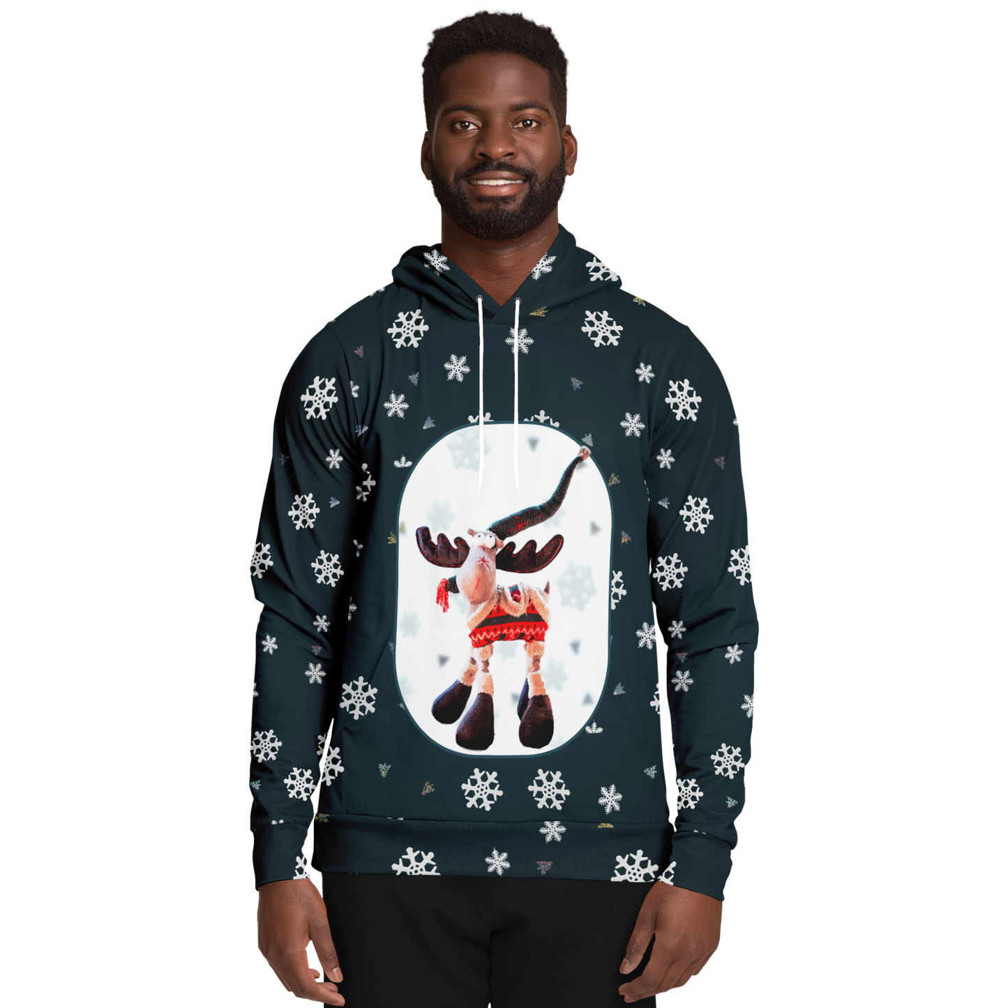 Front view of  the male model wearing the Snowy Christmas Hoodie with festive reindeer and snowflakes