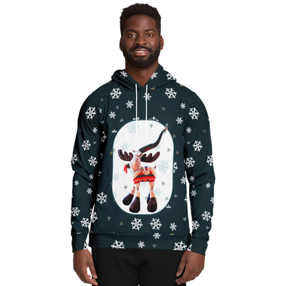 Front view of  the male model wearing the Snowy Christmas Hoodie with festive reindeer and snowflakes