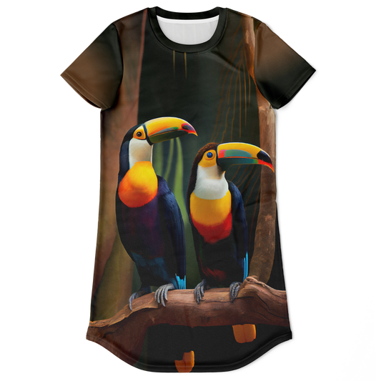 brown tshirt dress,
bird print dress