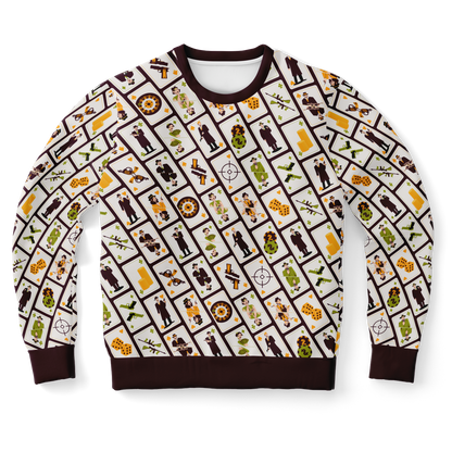 vintage print,
brown and white sweatshirt