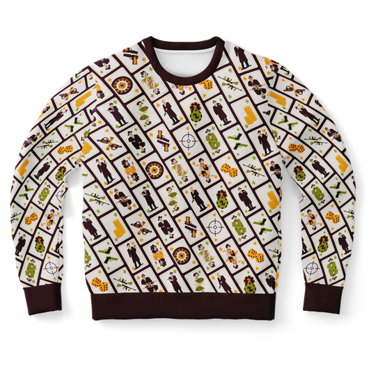vintage print,
brown and white sweatshirt