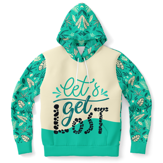 leaf print,
green and beige hoodie,
unisex hoodie,
adventure hoodie,
leaf print hoodie