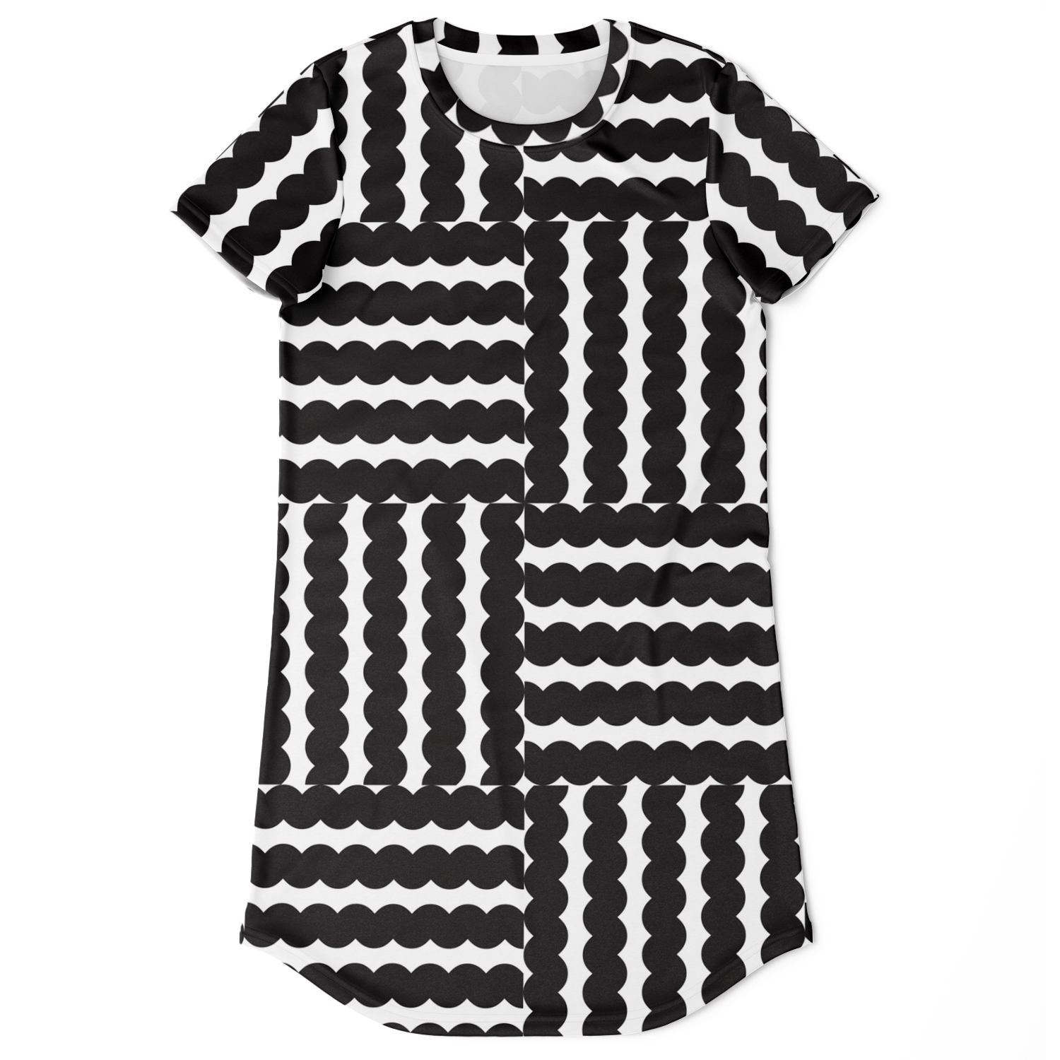 black and white t-shirt dress,
modern print dress,
unique pattern dress
