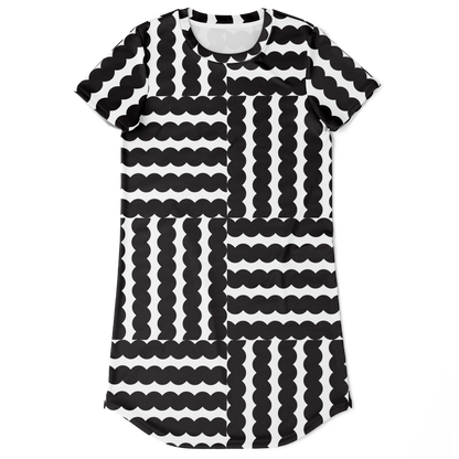 black and white t-shirt dress,
modern print dress,
unique pattern dress