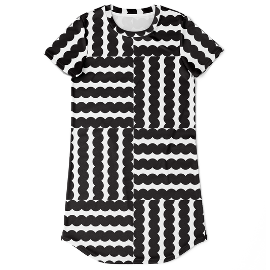 black and white t-shirt dress,
modern print dress,
unique pattern dress