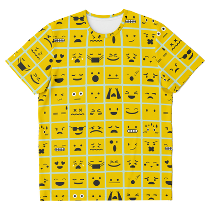 smiley print,
vibrant print,
yellow tshirt