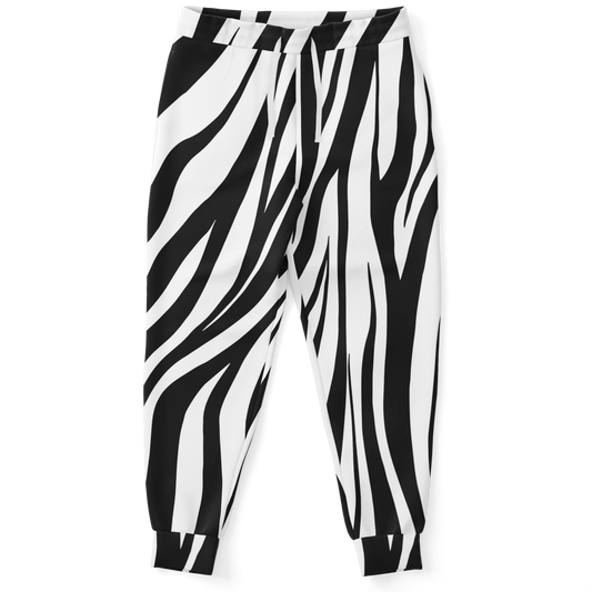 black and white joggers,
unisex joggers,
relaxed fit,
animal print jogger,
tapered end