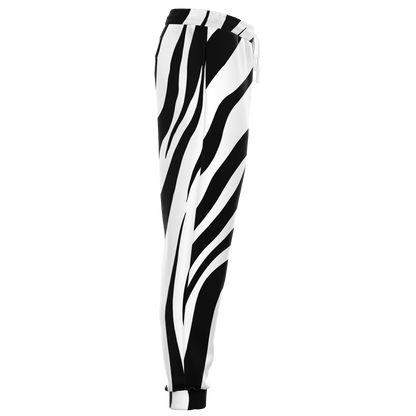  Zebra Print Joggers – Side view highlighting the flowing black and white stripe pattern with a sleek tapered fit