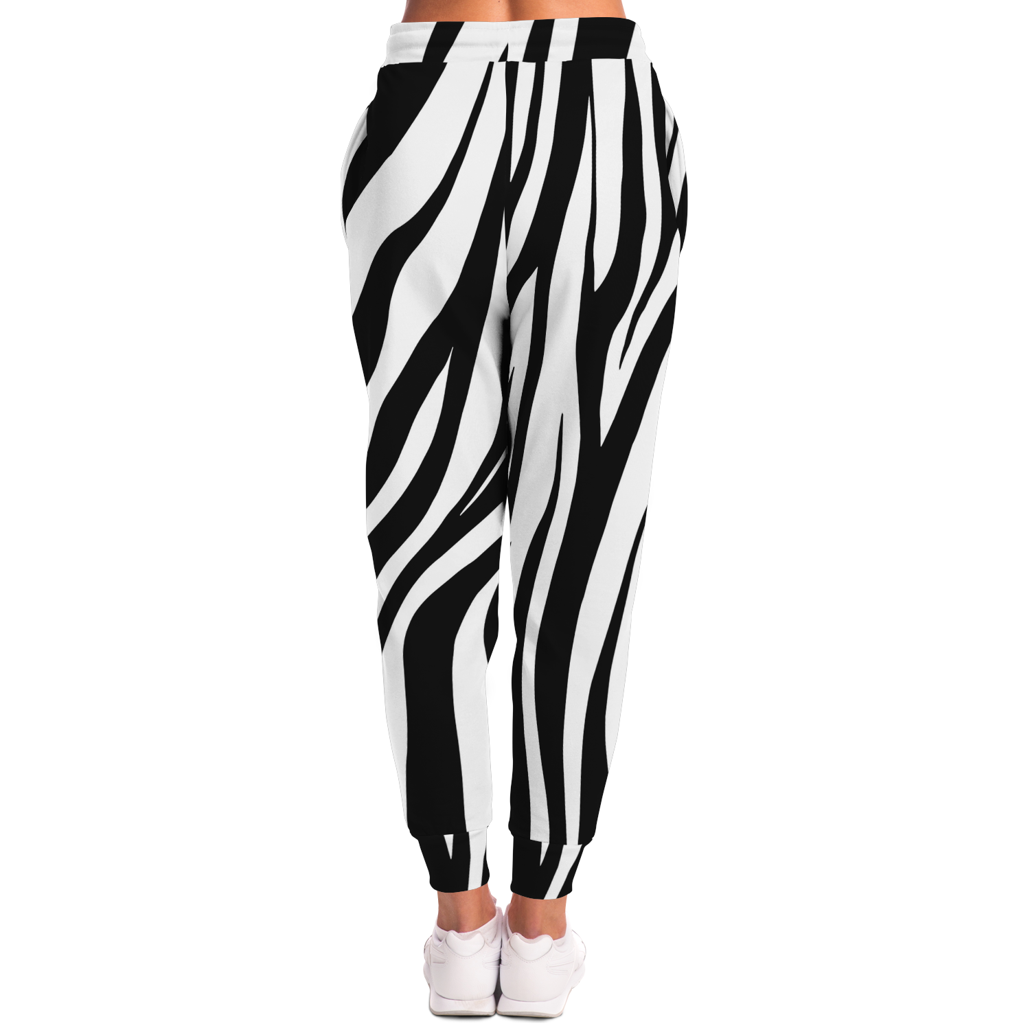 Women’s Zebra Print Joggers – Back angle emphasizing fit and fluid stripe movement