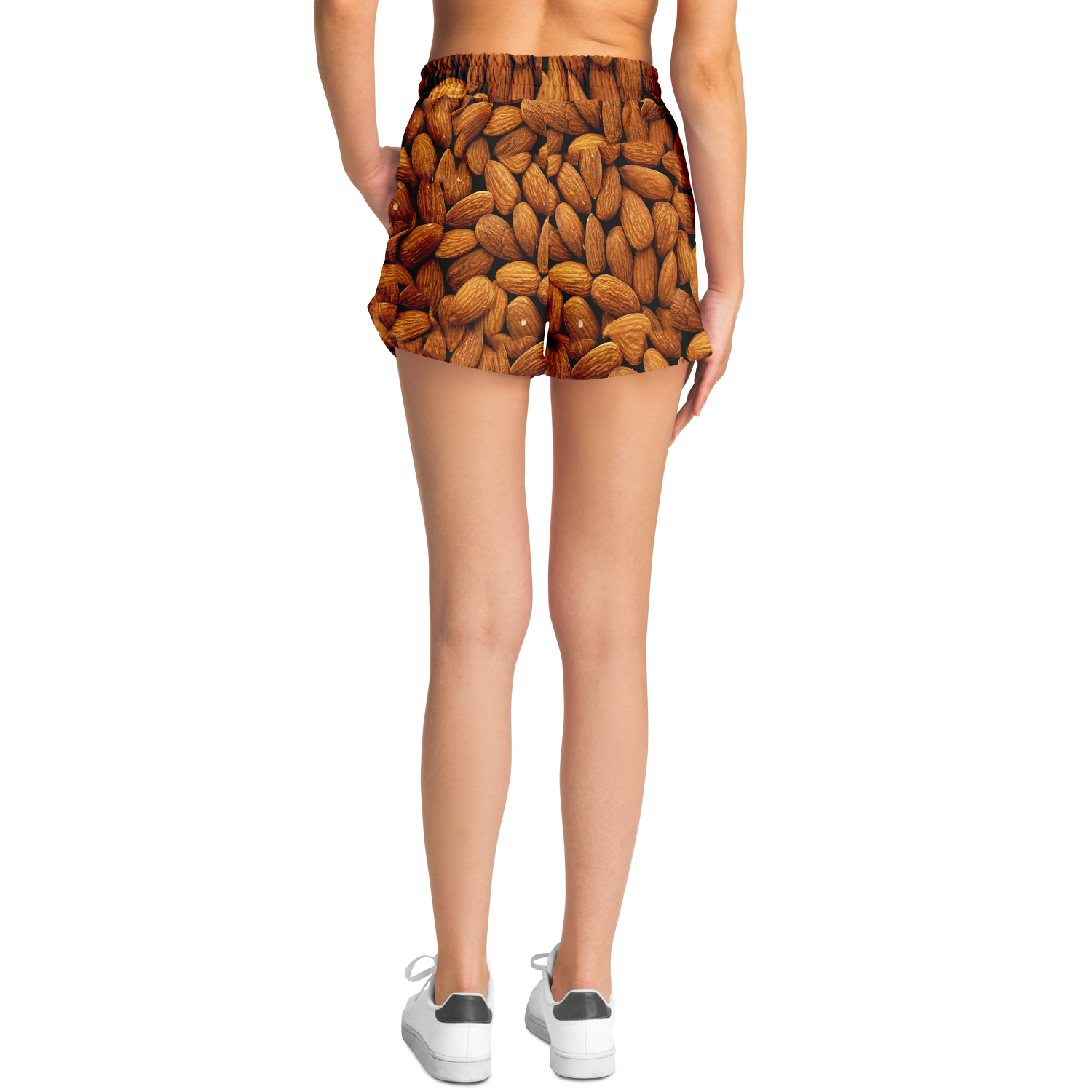  Female model wearing Almond Flex Shorts back view with almond design

