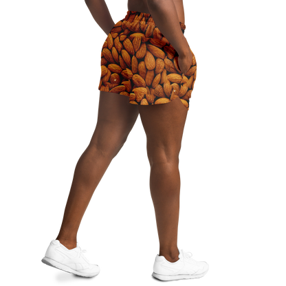 Model wearing Almond Flex Shorts side view with almond pattern design