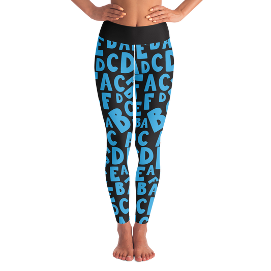  Alphabet Play Leggings – Front view of leggings with playful blue letters on black background