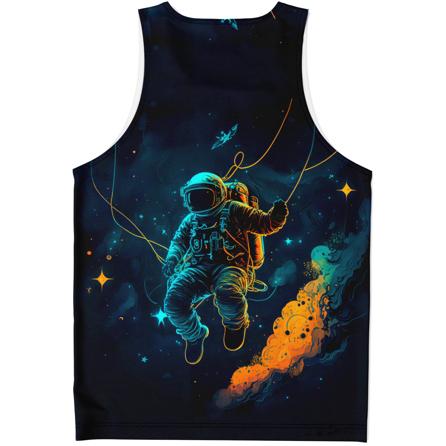 Flatlay back view of Astronaut Galaxy Tank Top featuring vivid space-themed design and astronaut motif