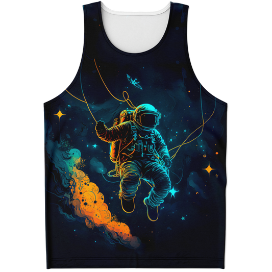 Flatlay front view of Astronaut Galaxy Tank Top showcasing glowing astronaut in space with cosmic background