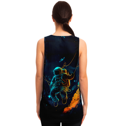 Rear view of female model in Astronaut Galaxy Tank Top displaying detailed space illustration