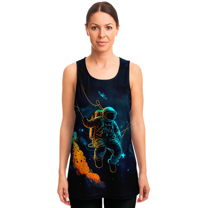  Female model wearing Astronaut Galaxy Tank Top with colorful astronaut print on the front