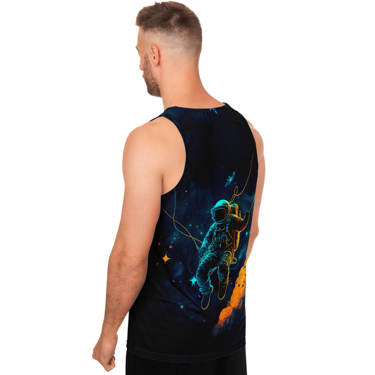 Angled rear view of man in Astronaut Galaxy Tank Top with full cosmic astronaut print