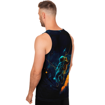Angled rear view of man in Astronaut Galaxy Tank Top with full cosmic astronaut print