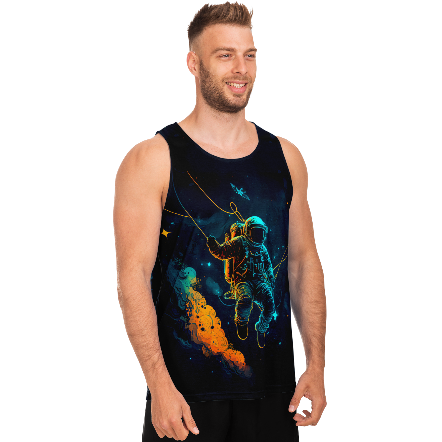  Side pose of male model wearing Astronaut Galaxy Tank Top with sci-fi space theme