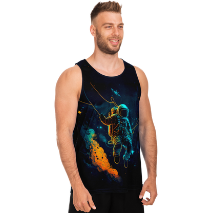  Side pose of male model wearing Astronaut Galaxy Tank Top with sci-fi space theme