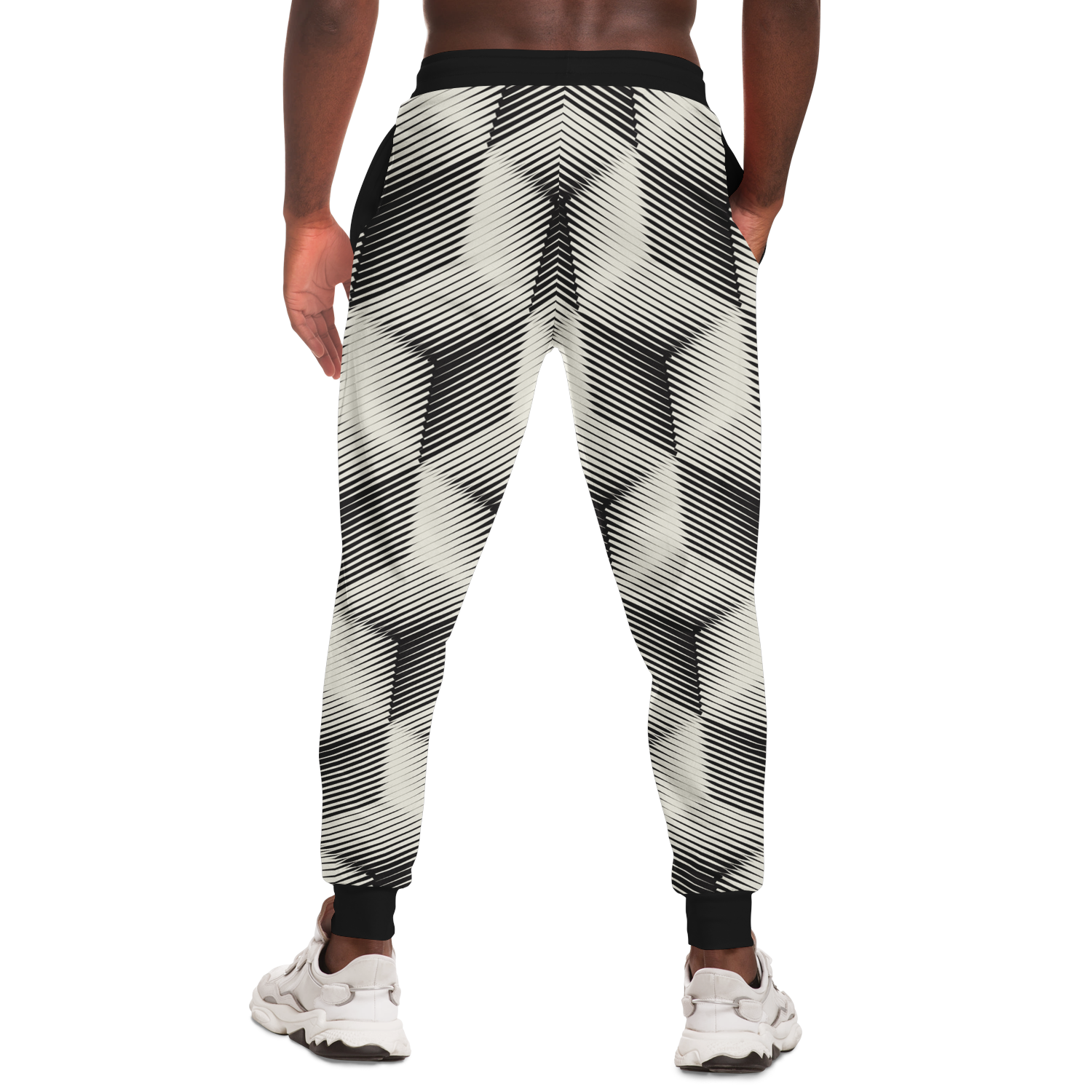 Black and White Joggers for Men – Rear view with crisp lines and clean symmetry
