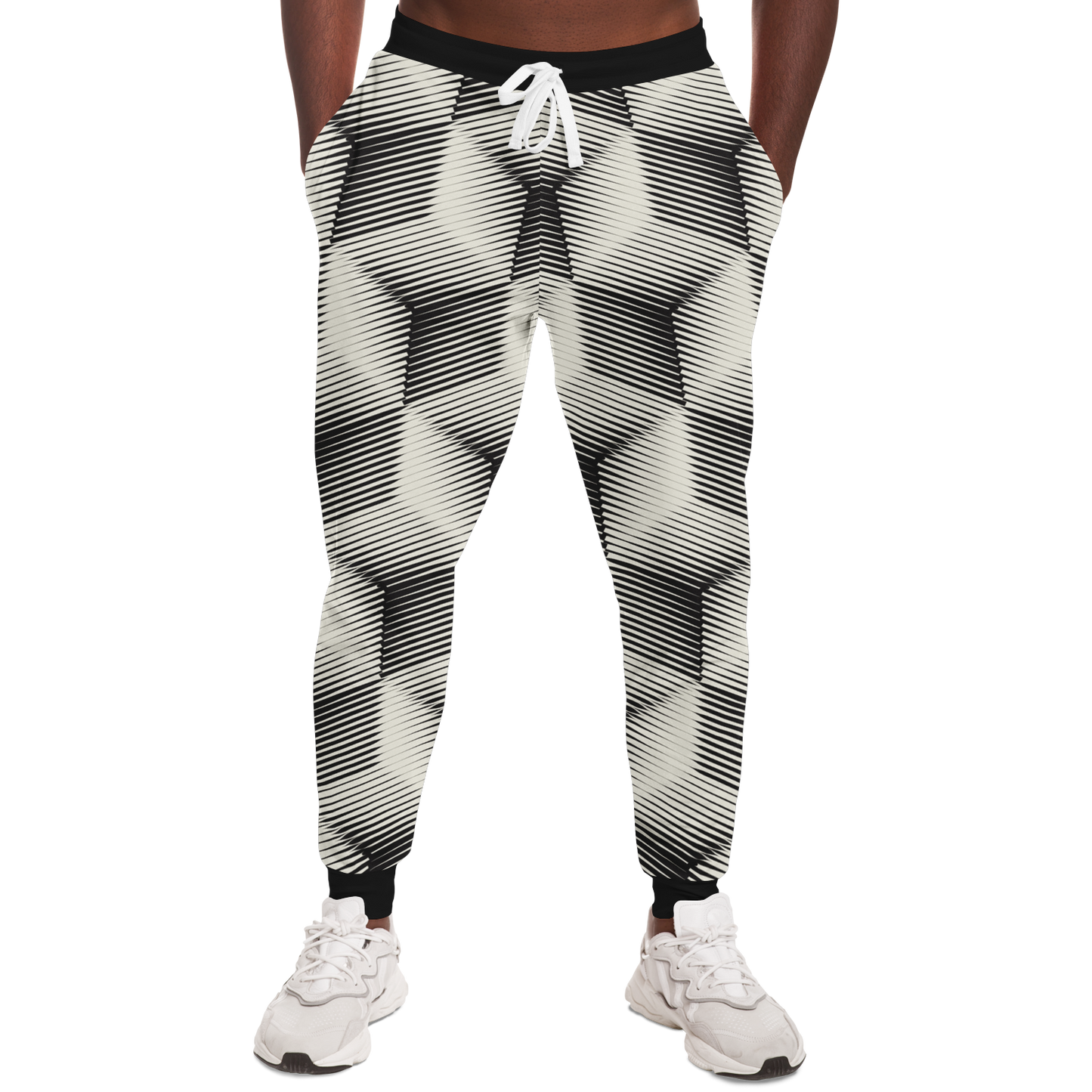  Black and White Joggers for Men – Modeled front view with structured monochrome pattern