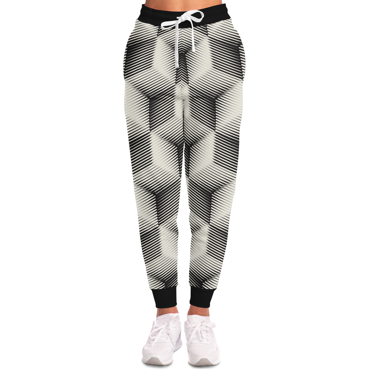 Black and White Joggers for Women – Sleek front view with eye-catching 3D cube pattern