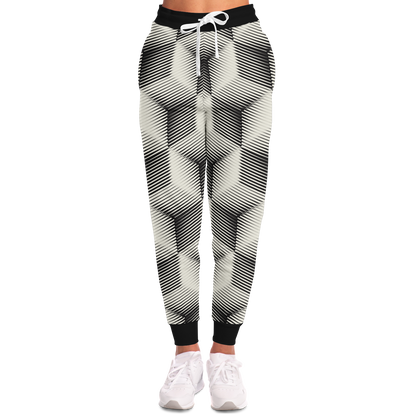 Black and White Joggers for Women – Sleek front view with eye-catching 3D cube pattern