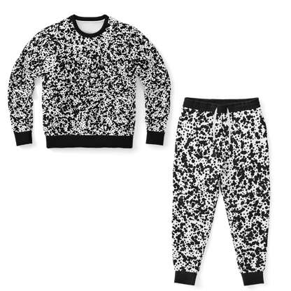 Front view of Black Spots co-ord set featuring printed sweatshirt and joggers laid flat