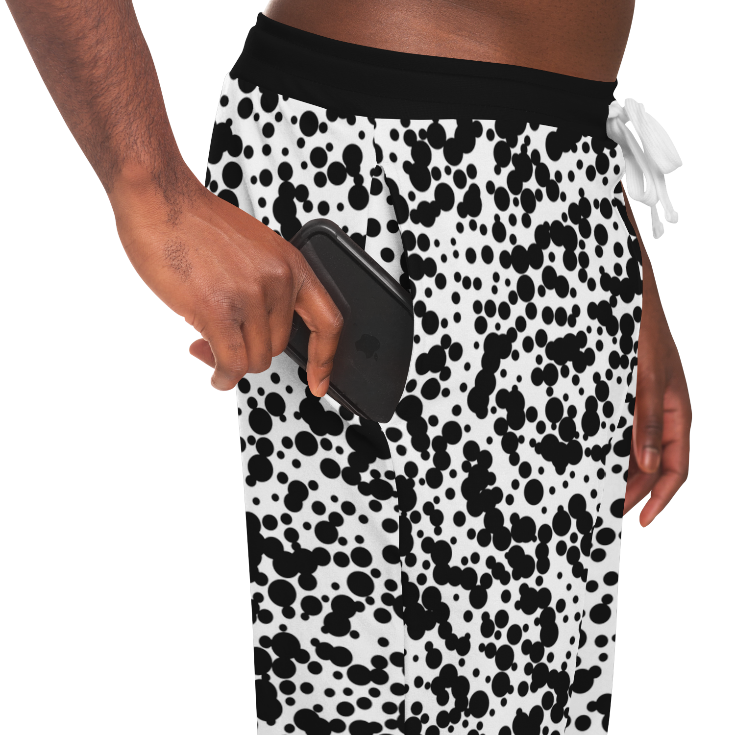 Black Spotted Joggers – Side pocket detail with functional design and contrasting spots