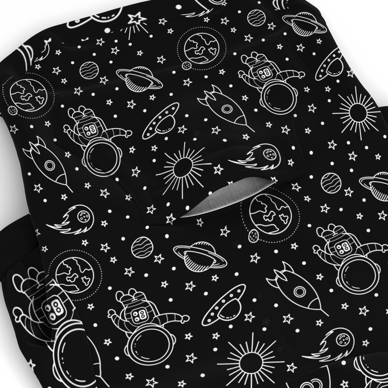 Close-up of galaxy-inspired white print on black dog hoodie