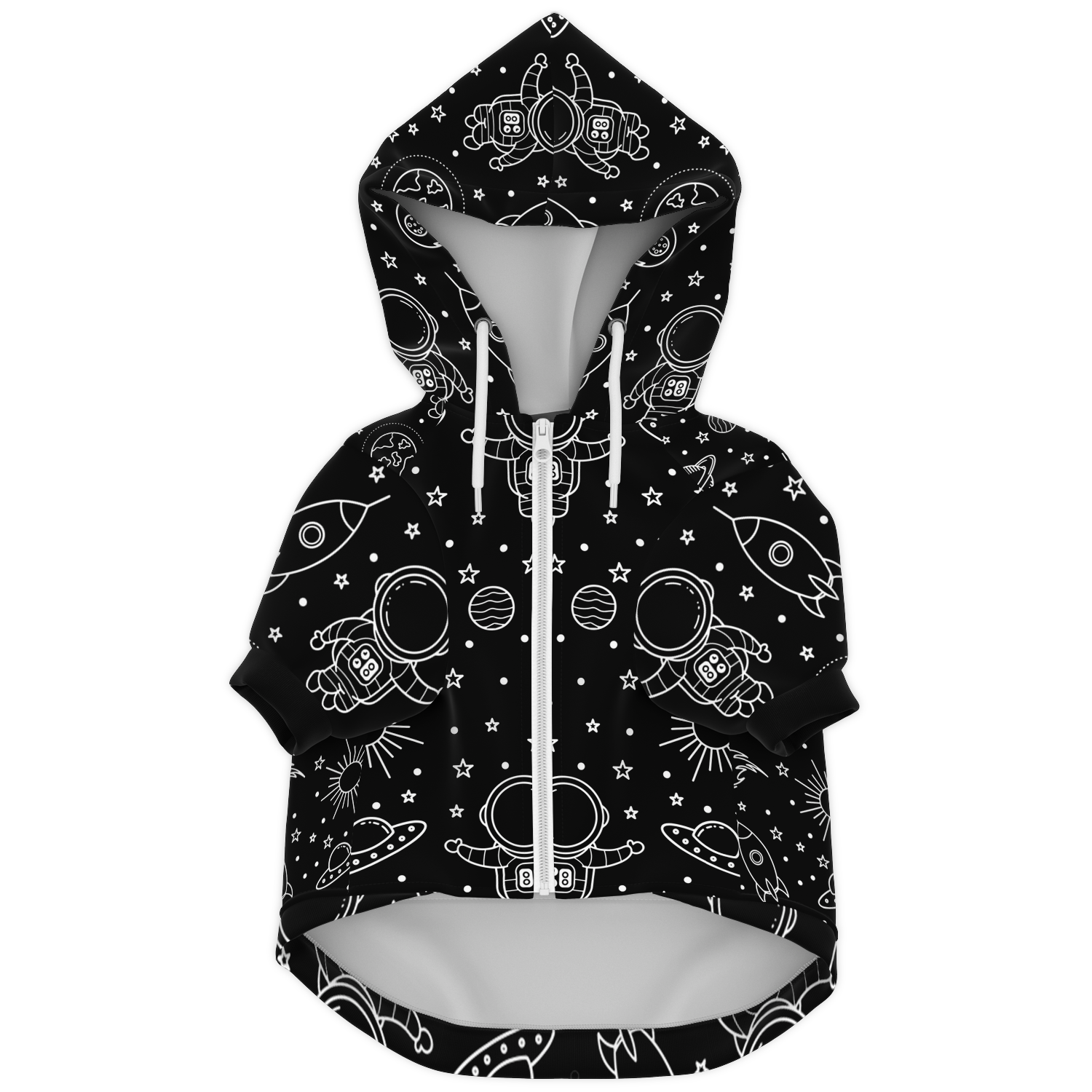 Front flat lay of black stellar dog hoodie with white galaxy design and zipper