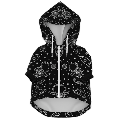 Front flat lay of black stellar dog hoodie with white galaxy design and zipper