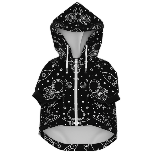 Front flat lay of black stellar dog hoodie with white galaxy design and zipper