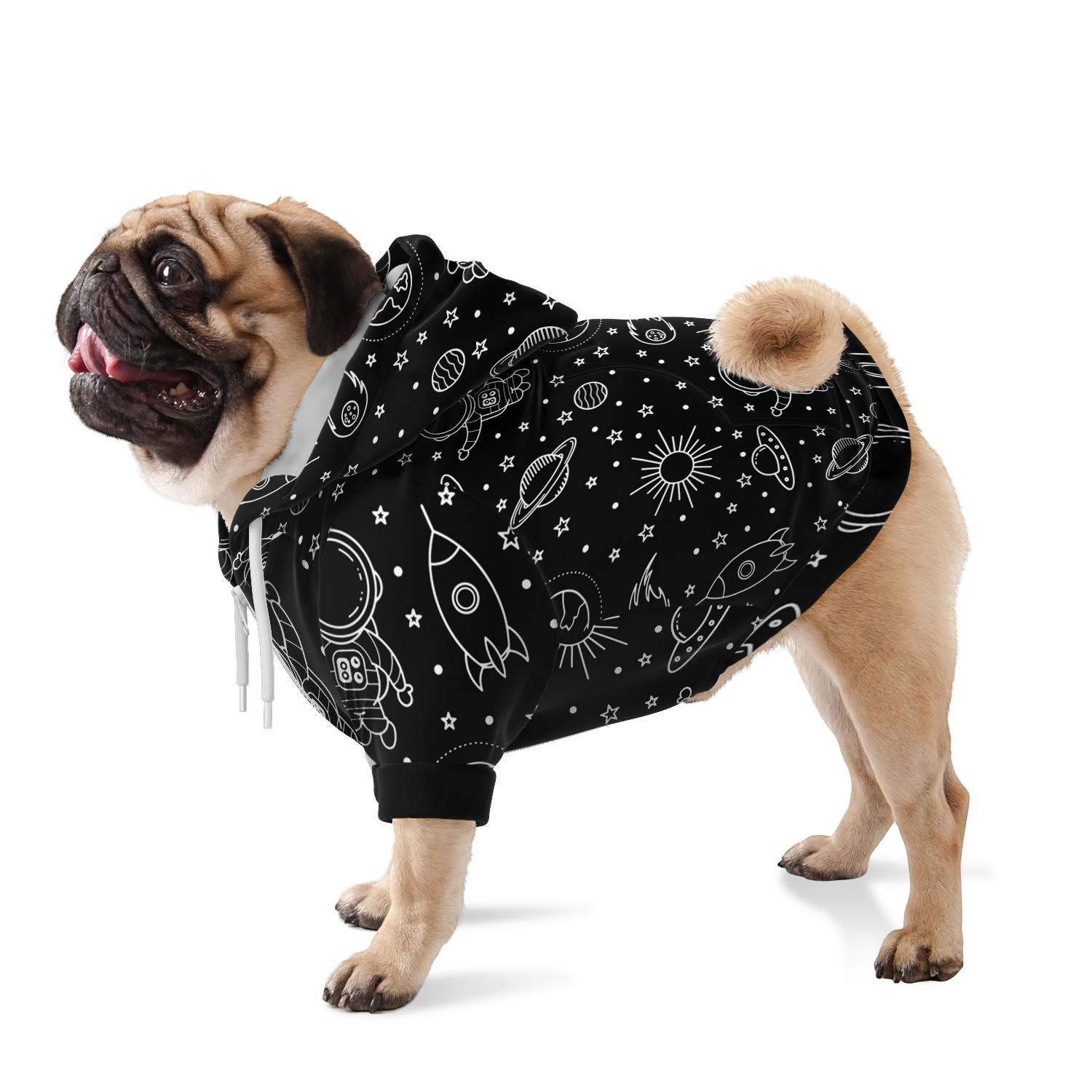 Dog standing in black stellar dog hoodie with star and moon print