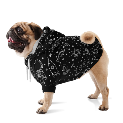 Dog standing in black stellar dog hoodie with star and moon print