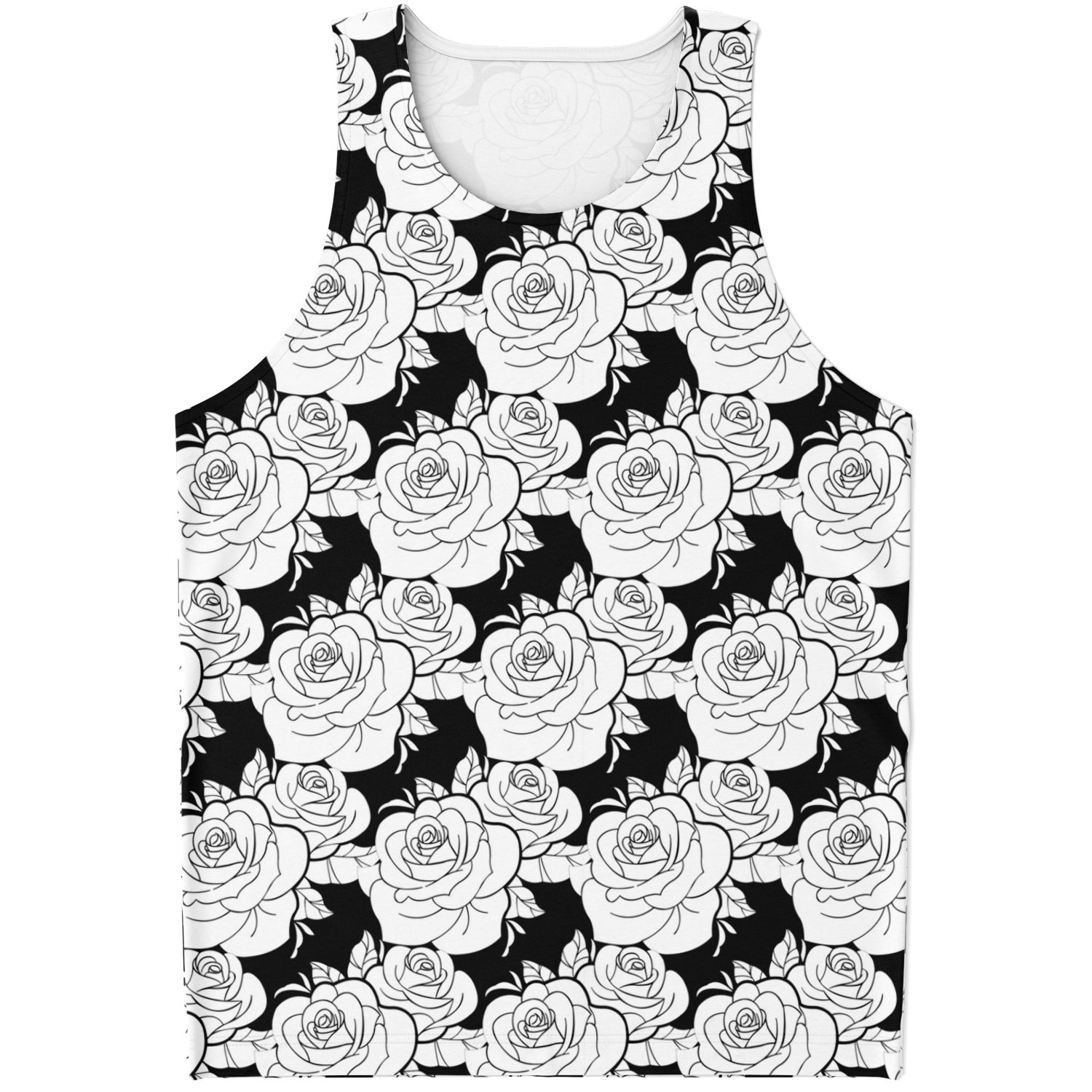  Flatlay front view of Black & White Tank Top featuring bold rose pattern in monochrome tones