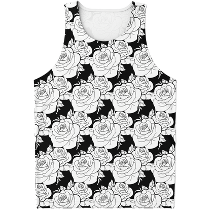  Flatlay front view of Black & White Tank Top featuring bold rose pattern in monochrome tones