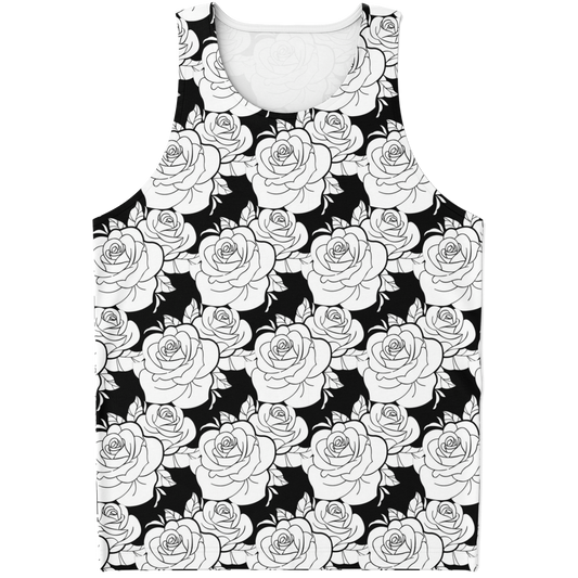  Flatlay front view of Black & White Tank Top featuring bold rose pattern in monochrome tones