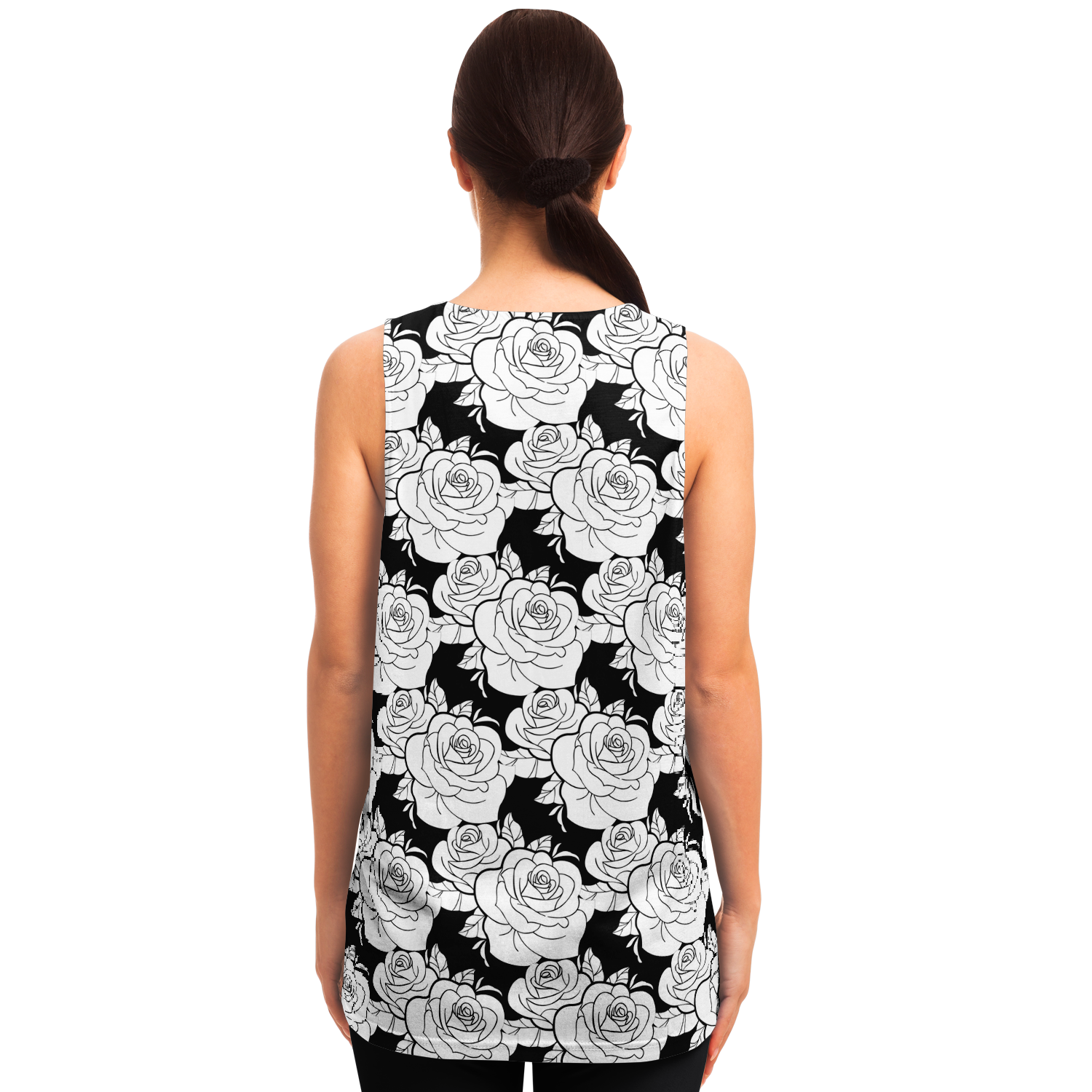  Rear view of woman wearing Black & White Tank Top featuring repeating rose motif