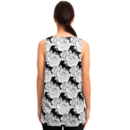  Rear view of woman wearing Black & White Tank Top featuring repeating rose motif