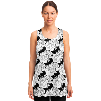 Female model facing forward in Black & White Tank Top with high-contrast floral print