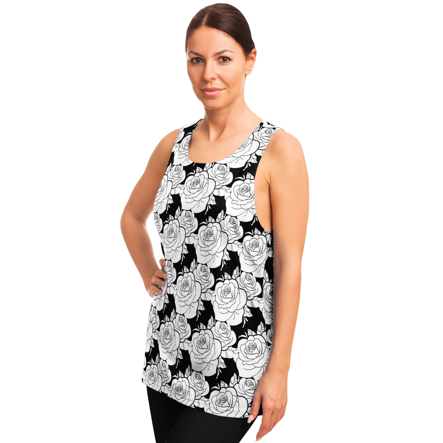Side pose of female model in floral Black & White Tank Top with artistic black-and-white design