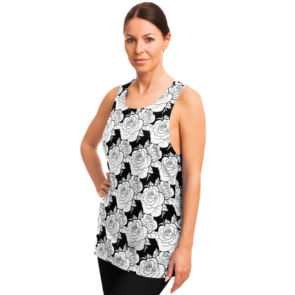 Side pose of female model in floral Black & White Tank Top with artistic black-and-white design