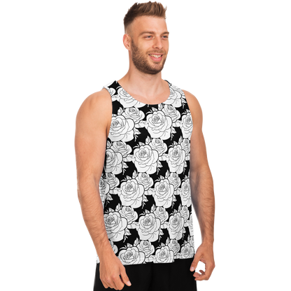  Angled front view of male model wearing rose-patterned Black & White Tank Top in grayscale style