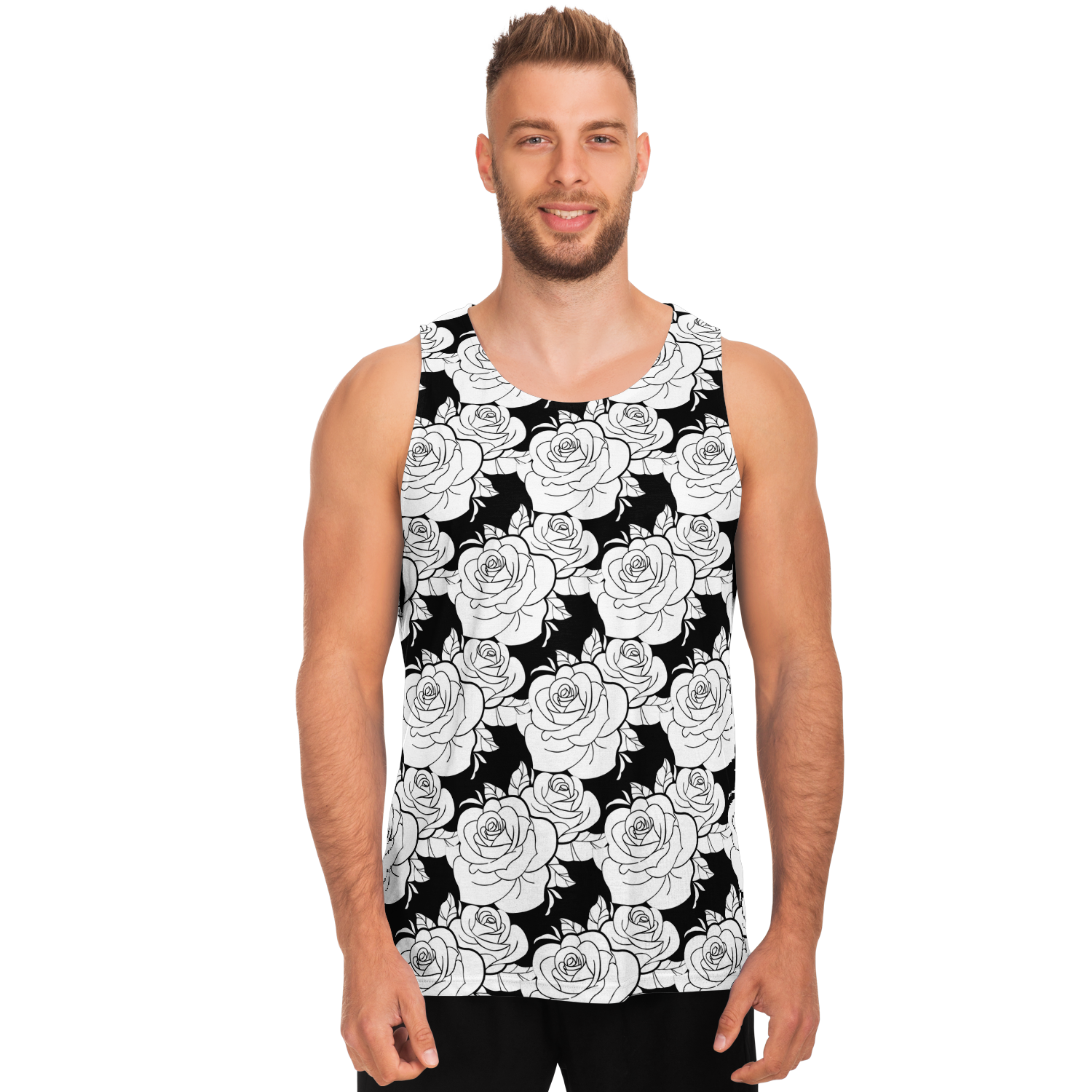  Male model wearing Black & White Tank Top with detailed rose illustrations in a bold design
