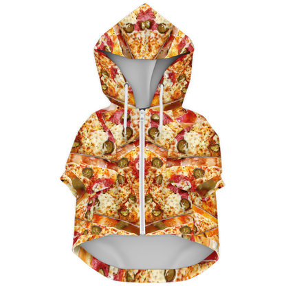 Flat lay of cheesy pizza dog hoodie with zipper and hood

