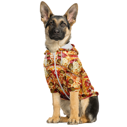Dog sitting in cheesy pizza dog hoodie with zipper front