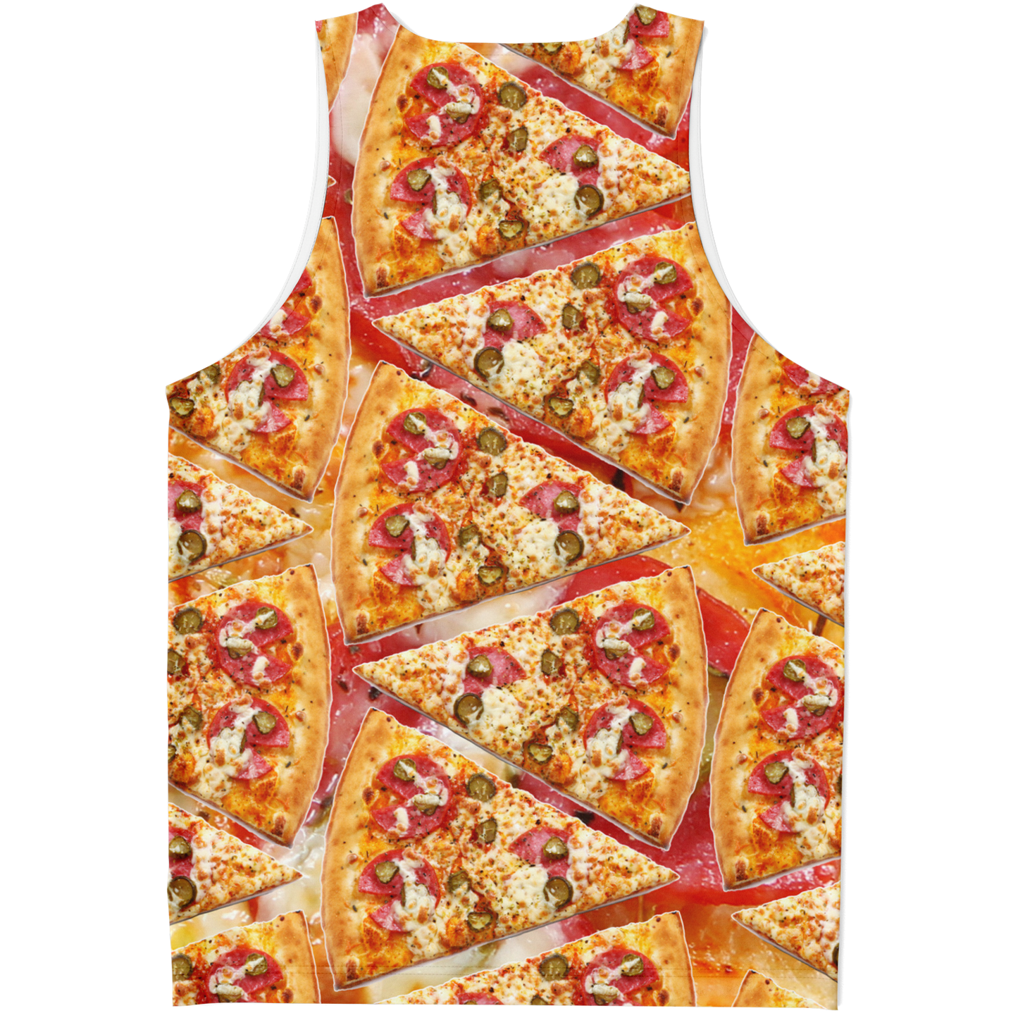  Flatlay back view of Cheesy Pizza Tank Top showcasing repeating cheesy pizza slice pattern