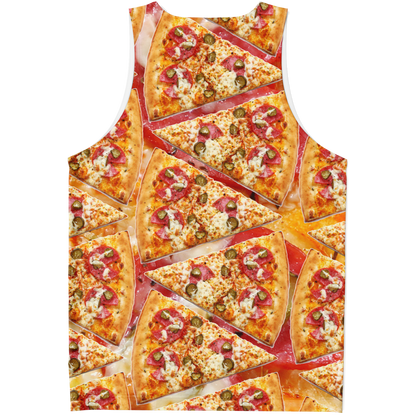  Flatlay back view of Cheesy Pizza Tank Top showcasing repeating cheesy pizza slice pattern